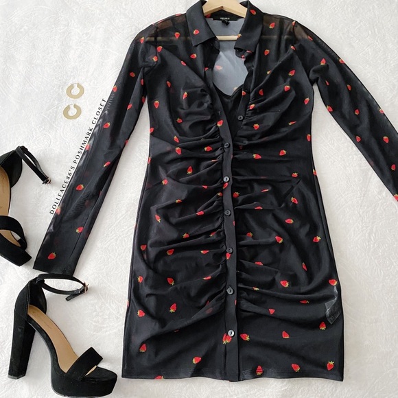 Forever 21 Dresses & Skirts - Strawberry Fruit Print Ruched Front Button Down shirt dress shirtdress